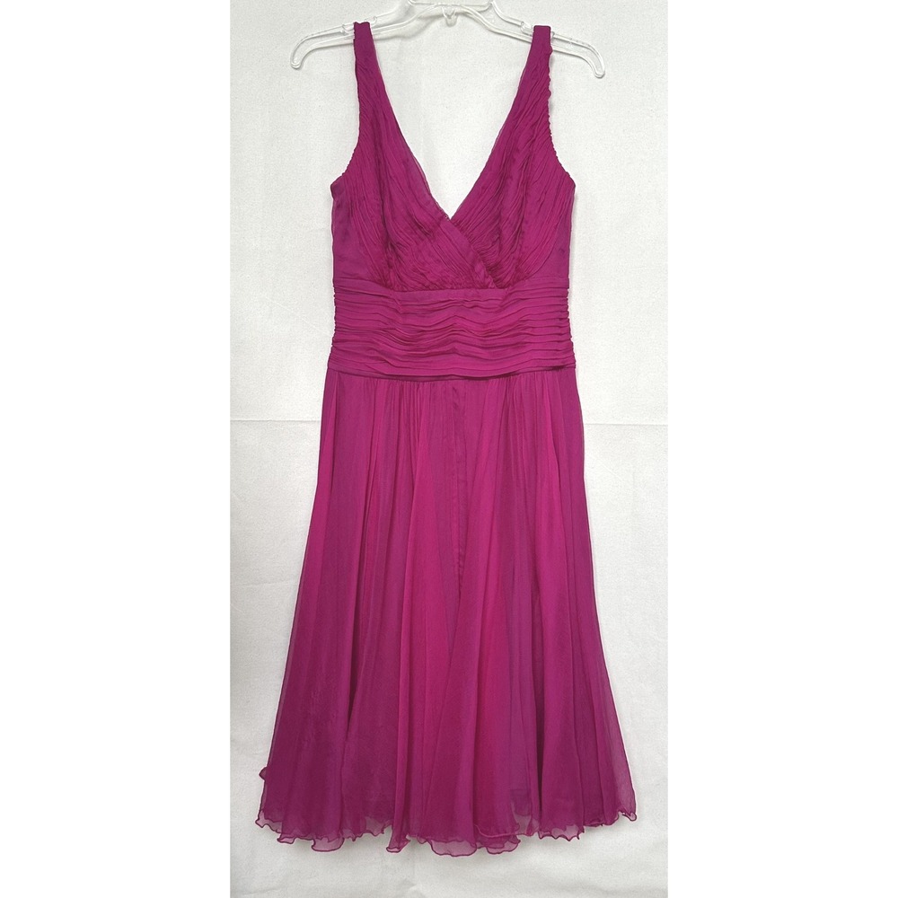 Tadashi‎ Coll Y2K Whimsy Babydoll Fuchsia 100%Silk Ruched Cocktail Midi Dress 8